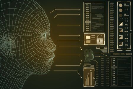 Abstract glowing head outline interface on dark background. AI and robotics concept. 3D Rendering
