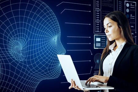Portrait of young european businesswoman using abstract glowing head outline interface on dark...