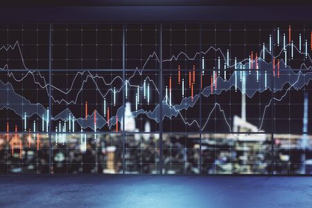 Abstract office interior with glowing forex chart and night city view. Trade and stats concept....