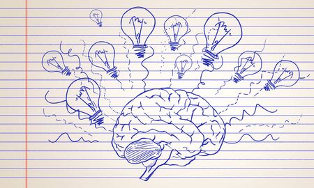 Creative hand drawn brain and light bulbs on copybook page texture. Brainstorm and idea concept, 3D Renderingの写真素材