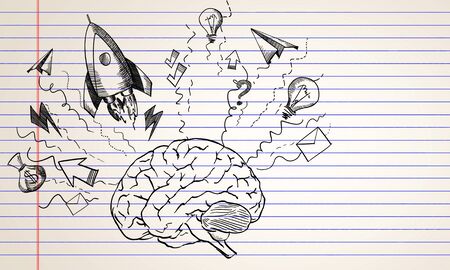 Abstract creative hand drawn business brain and rocket sketch on white background. Startup and success concept, 3D Renderingの写真素材