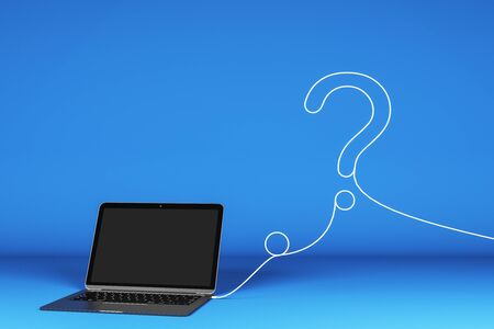 Blank laptop with abstract question mark shaped cable on blue background. Mock up and research concept. 3D Renderingの写真素材