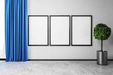 Modern room interior with curtains, empty frames and  decorative pot tree. Mock up, 3D Rendering
