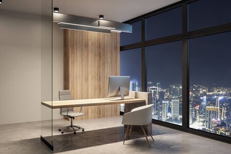 Contemporary office interior with equipment and night city view. Workplace concept. 3D Renderingの写真素材