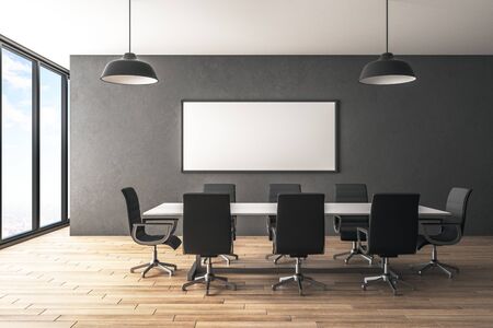 Modern meeting room interior with empty billboard, city view, furniture and daylight. Presentation concept. Mock up, 3D Renderingの写真素材
