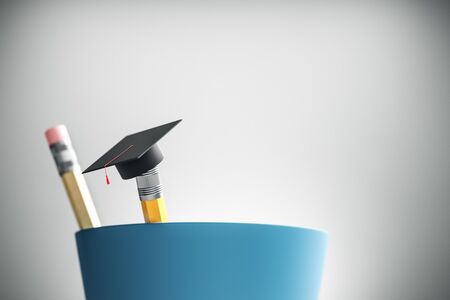 Close up of modern graduation cap on pencil. Blurry white background. Education and back to school concept. 3D Renderingの写真素材