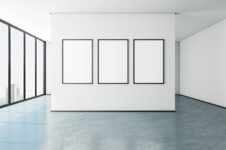New gallery with city view and empty banner on concrete wall. Museum concept. Mock up, 3D Renderingの写真素材
