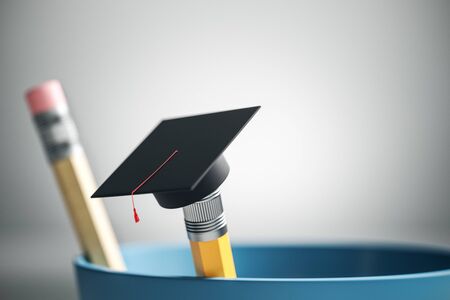 Close up of creative graduation cap on pencil. Blurry white background. Education and back to school concept. 3D Renderingの写真素材