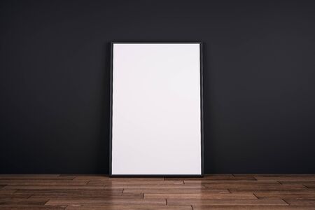 Empty white poster on wooden floor and black wall background. Gallery concept. Mock up, 3D Rendering