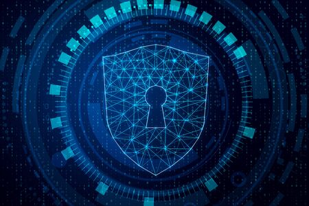 Abstract glowing digital padlock interface on dark background with icons. Safety and protection...