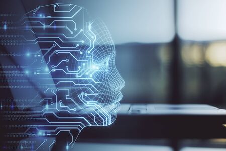 Side view and close up of notebook with glowing circuit head outline. AI and machine learning concept. Double exposureの写真素材