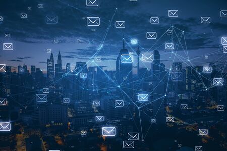 Night city backdrop with email network. Newsletter and communication concept. Multiexposure