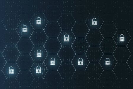 Bright glowing digital padlock interface on dark background with icons. Safety and protection...