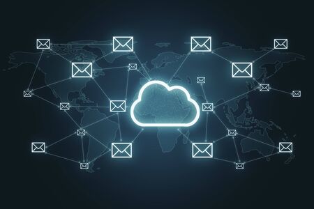 Glowing cloud with map and email network. Cloud computing and storage concept. 3D Renderingの写真素材