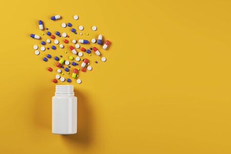 Creative spilt pills bottle on orange surface background. Medicine and illness concept. 3D Renderingの写真素材