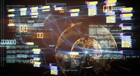 Blockchain and programming concept with node base programming and binary code at glowing digital...