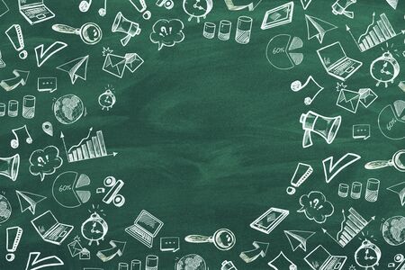 Social influence and education concept with hand drawn social icons on green blackboard. 3D Renderingの写真素材