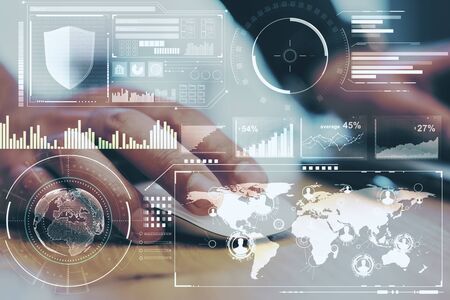 Business technology concept with digital screen with diagram, graphs and data analysis and man hand...