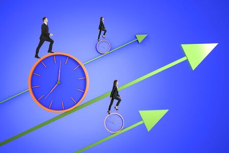 Time pressure and race against time concept with business people trying to outrun time.の写真素材