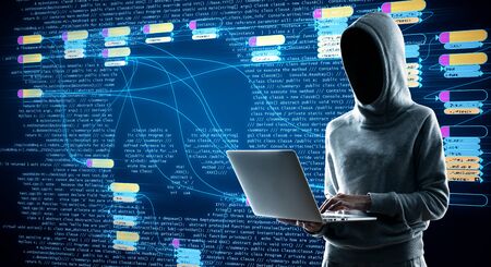 hacking concept with hacker using laptop at digital map with node tree and binary code background....