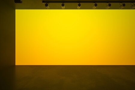Big blank yellow wall in spacious stylish hall with dark floor, mock up. 3D Rendering