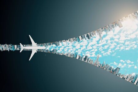 New idea concept with airplane flying above megapolis city in the form of lightning at dark...