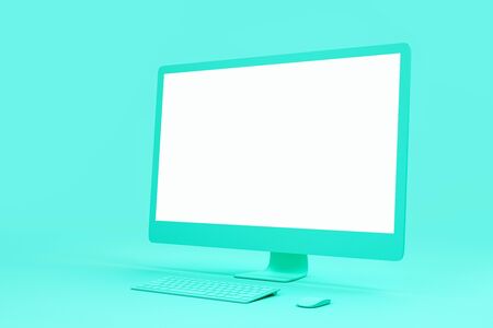 Blank white mock up of single material computer screen at abstract turquoise background. 3D...