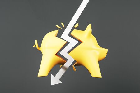 Crisis concept with white arrow hitting yellow piggy bank at dark background. 3D Renderingの写真素材