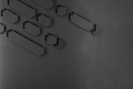 All black concept with abstract black mat background with metal cells parts. 3D Rendering