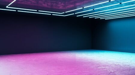 Minimal techno concept with modern empty exhibition hall with blank wall and neon paints. 3D Renderingの写真素材