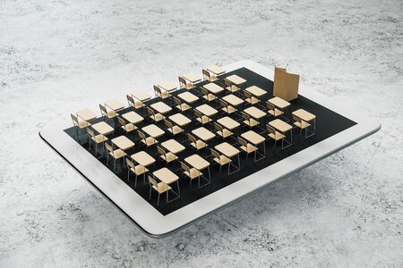 E-learning and education concept with audience layout with tribune on white digital tablet. 3D Renderingの写真素材