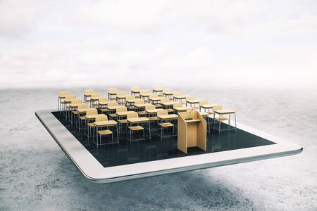 Education and webinar concept with wooden audience layout with tribune on white digital tablet. 3D Rendering Education and webinar concept with wooden audience layout with tribune on white digital tablet. 3D Rendering