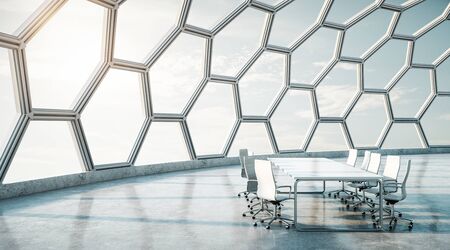 Shiny spacious modern hall with honeycomb window, concrete floor and conference table. 3D Renderingの写真素材