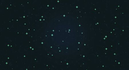 Abstract digital background with small green plus signs at dark pixel background. 3D Renderingの写真素材
