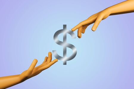 USD currency concept with reaching plastic hands and dollar sign at abstract background. 3D...