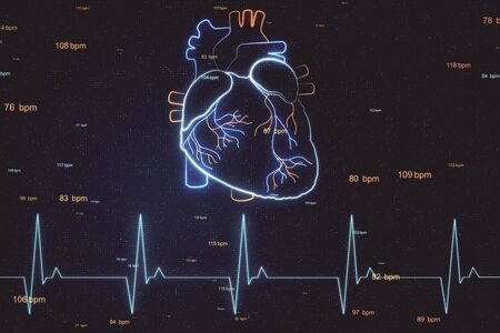 Heart health concept with digital hologram heart layout and pulse line at abstract digital background. 3D Renderingの写真素材