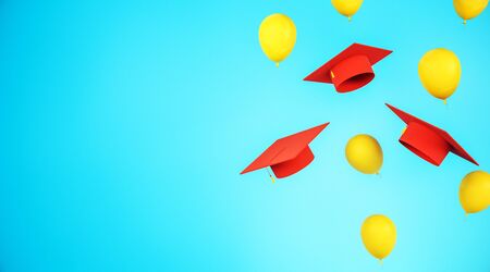 Education concept with flying red graduation caps and yellow balloons with blue space for your logo. 3D Rendering