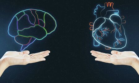 Human verses Artificial Intelligence concept with digital brain and heart hologram layouts above...