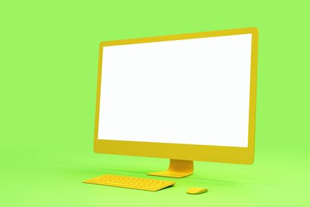 Blank white mock up screen of modern yellow personal computer at abstract light green background. 3D Renderingの写真素材