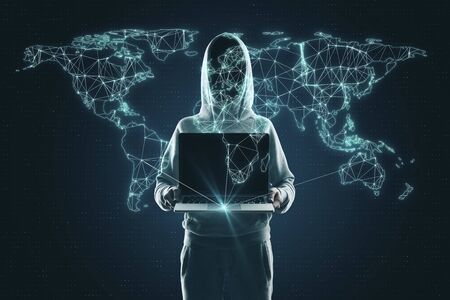 Hacker holding laptop with digital polygonal map on dark background. AI and hacking concept. Double...