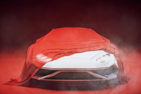 Stylish sports car presentation with red cloth. Design and exhibit concept. 3D Renderingの写真素材