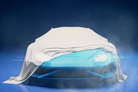 Futuristic sports car presentation with white cloth over. Design and exhibit concept. 3D Rendering