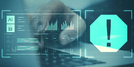 Close up of hands using laptop with abstract exclamation mark interface hologram. Error and hud concept. Double exposureの写真素材