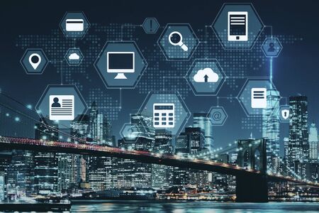 Abstract digital business interface on night New York city background. Innovation and technology...