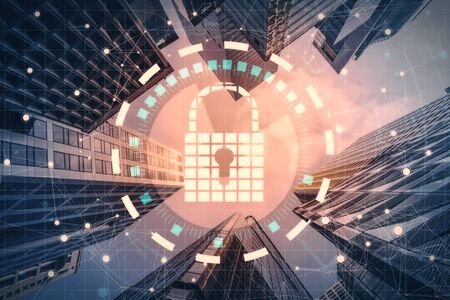 Creative polygonal padlock hologram on blurry New York city background. Protection and web safety...