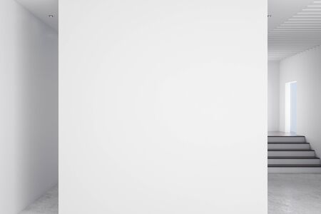 Modern gallery interior with stairs and empty billboard on concrete wall. Museum concept. Mock up, 3D Renderingの写真素材