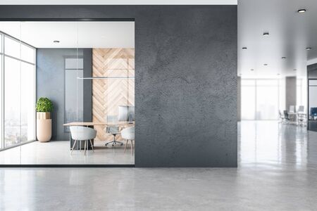 Modern spacious office room interior with city view, empty poster and daylight. Workplace design concept. Mock up, 3D Rendering の写真素材