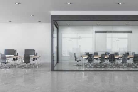 Grey spacious office room interior with city view and daylight. Workplace design concept. 3D...