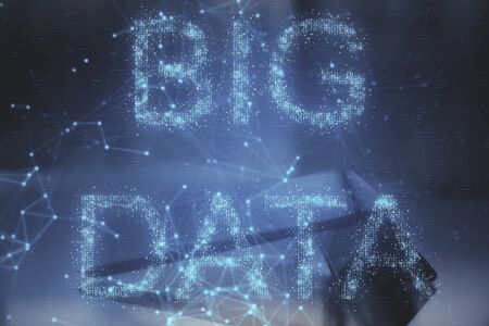 AI and technology concept. Creative glowing polygonal text on blurry background. Double exposure  の写真素材