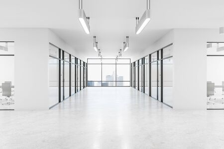 Modern white office interior with glass, furniture, city view and daylight. 3D Rendering の写真素材